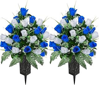 Artificial Cemetery Flowers for Grave, Artificial Rose Memorial Flowers with Vase for Cemetery Headstones Gravesites Decoration Long-Lasting Remembrance (Dark Blue & White)