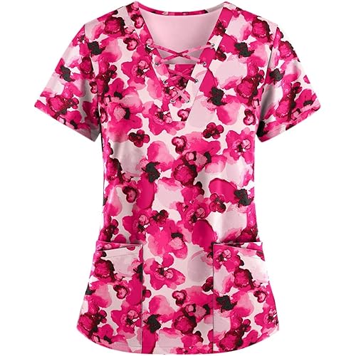 UOFOCO Womens Scrub Tops Colorful Corrugated Print Nursing Uniform Tops Summer T Shirts for Women with Two Pockets