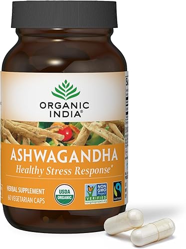 ORGANIC INDIA Ashwagandha Cápsulas  Suplemento orgánico de Ashwagandha  Raíz vegana de Ashwagandha, sin gluten, Kosher, sin OMG, apoya el alivio del