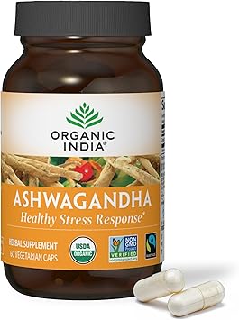 ORGANIC INDIA Ashwagandha Capsules - Organic Ashwagandha Supplement - Vegan Ashwagandha Root, Gluten-Free, Kosher, Non-GMO, Supports Stress Relief, Energy, and Sleep - 60 Capsules