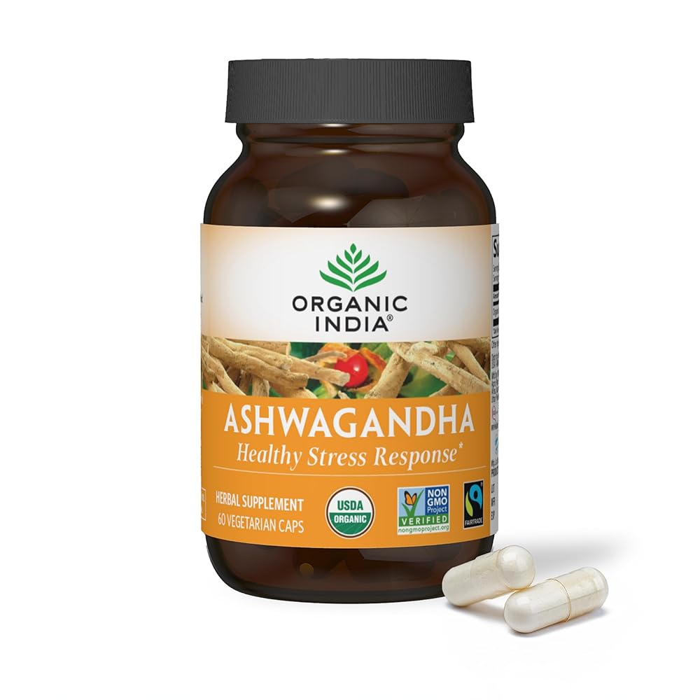 ORGANIC INDIA Ashwagandha Capsules - Organic Ashwagandha Supplement - Vegan Ashwagandha Root, Gluten-Free, Kosher, Non-GMO, Supports Stress Relief, Energy, and Sleep - 60 Capsules
