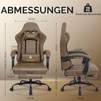 Vittanly Gaming Chair with Spring Seat Cushion Gaming Chair Brown