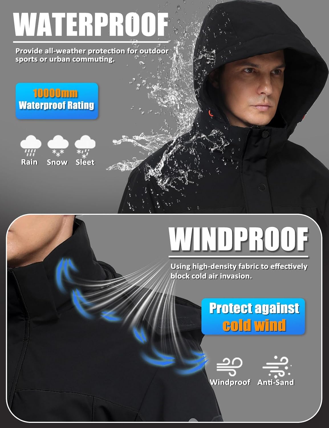 Men's Heated Jacket Winter Waterproof Ski Jacket Insulated Windproof Outdoor Heated Coat Mountain Windbreaker - Image 3