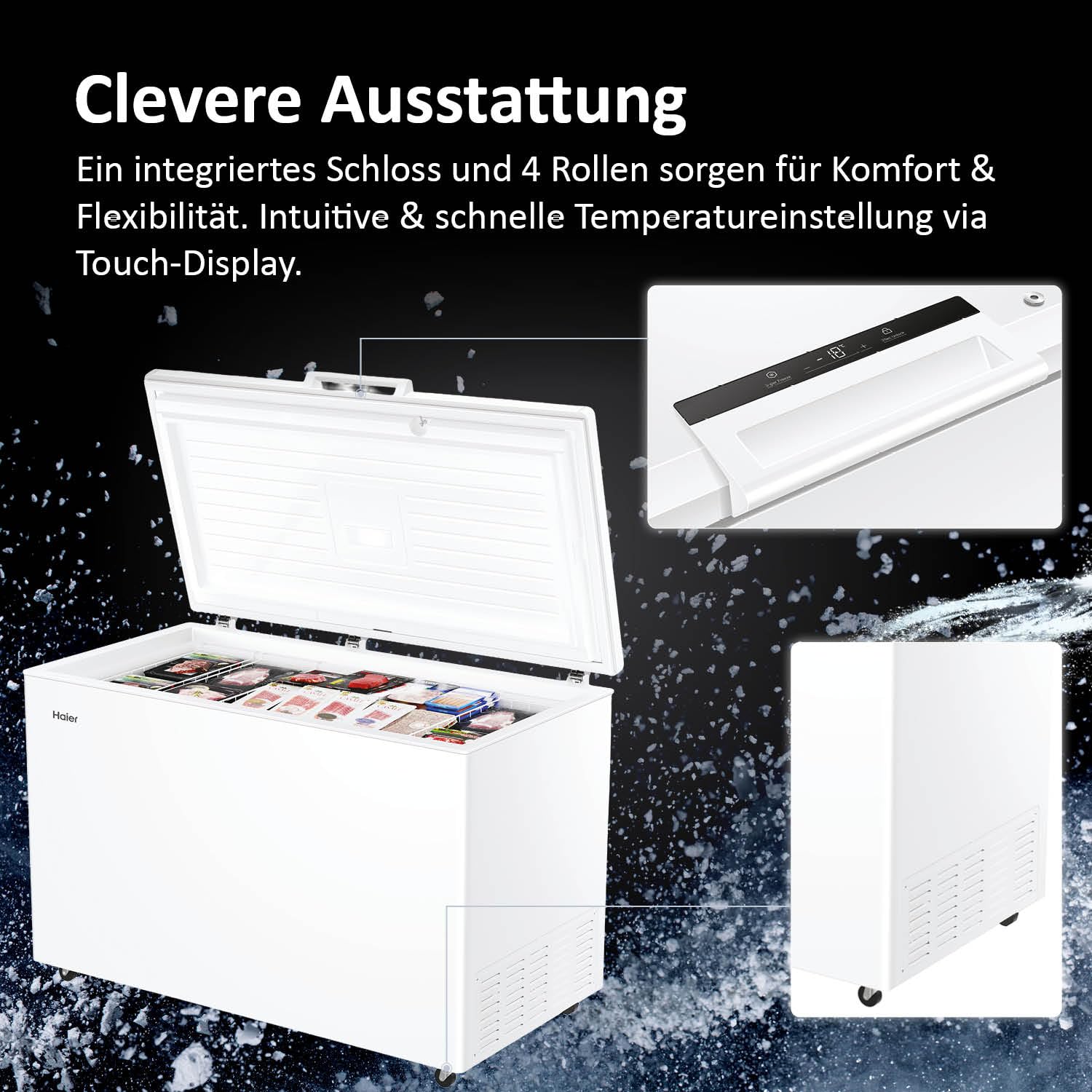 Haier HCE420D Gefriertruhe 418 L Tiefkühltruhe mit Innenbeleuchtung Schnell-Gefrierfunktion Low Frost 3 Metallkörben Energieklasse D