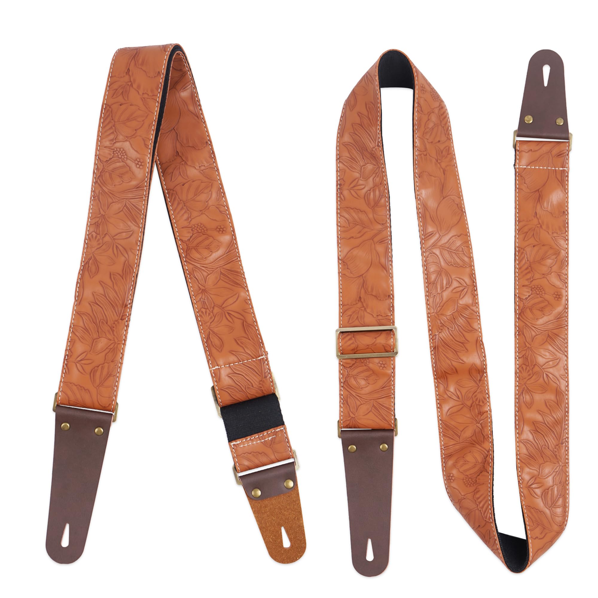 Czzmy Adjustable Guitar Strap Includes 2 Strap Locks & 2 Matching Picks.Leather ends Guitar Shoulder Strap Suitable for Acoustic Guitar,Electric Guitar,Gift for Guitarist(1-Carved Light Brown) - Image 2