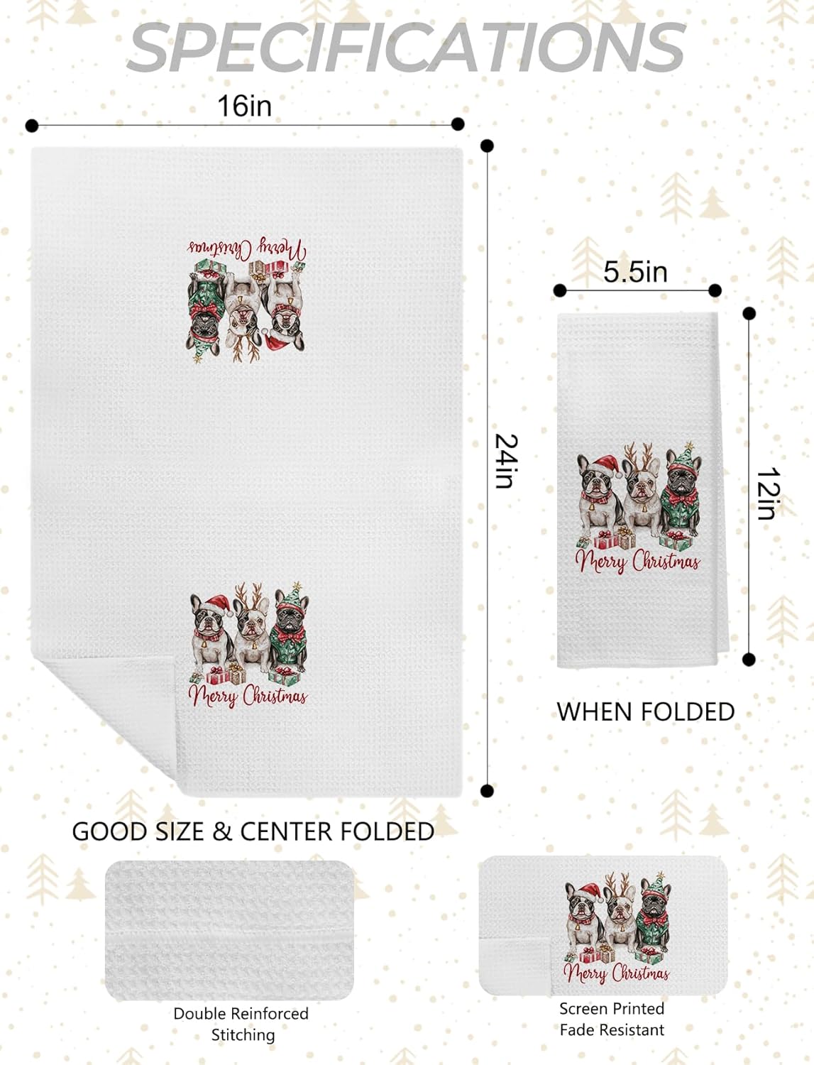 French Bulldog Merry Christmas Kitchen Towels, Gifts for French Bulldog Lovers Hand Towels for Bathroom, Xmas Frenchie Dog Holiday Dish Tea Towel for Kitchen Decor, 16x24 Inch - Image 2