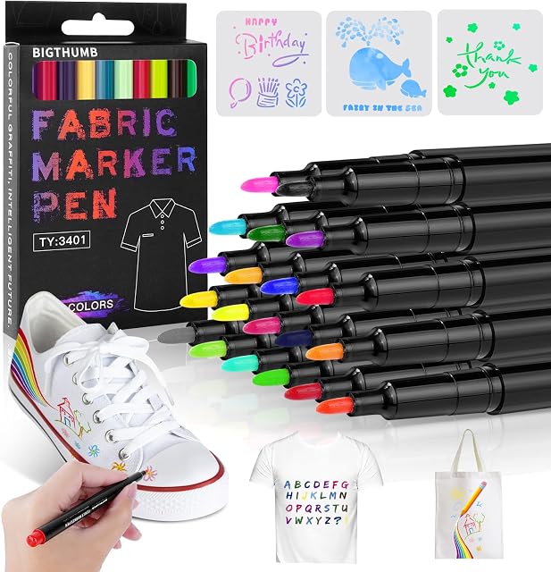 OSDUE 20 PCS Fabric Pens, Permanent Washable Markers with 3 Painting Template, Paint Pens for White T Shirt Design Kit Canvas Tote Bag Pillowcases Plain Cotton Bags Shoes Baby Shower Games