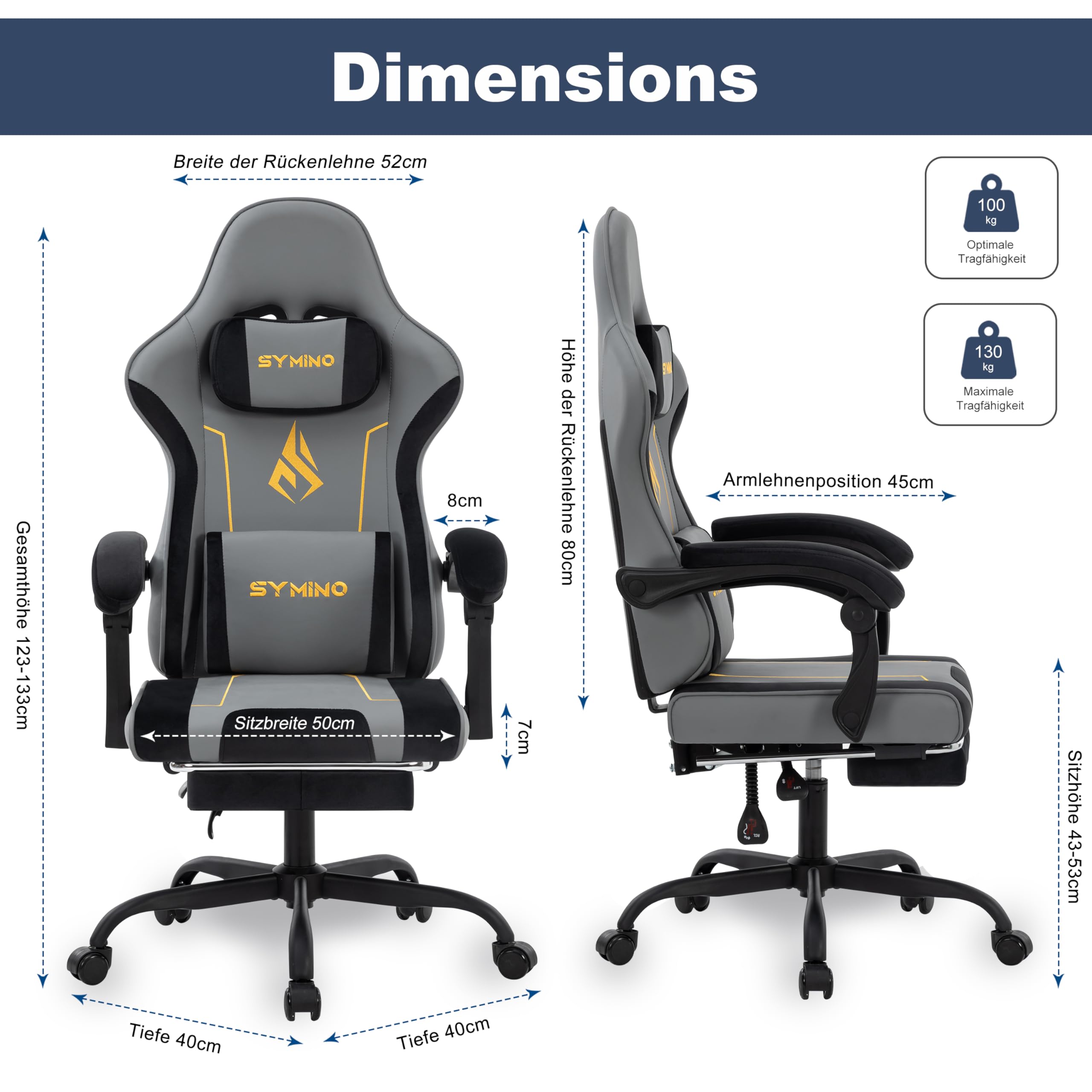 Symino Gaming Stuhl mit Latex Rückenlehne und Sitzkissen, Ergonomischer Bürostuhl, Rennstuhl-Design PC Stuhl, Verstellbarer Drehbarer Task Stühle mit Fußstütze 130kg, Grau-Schwarz