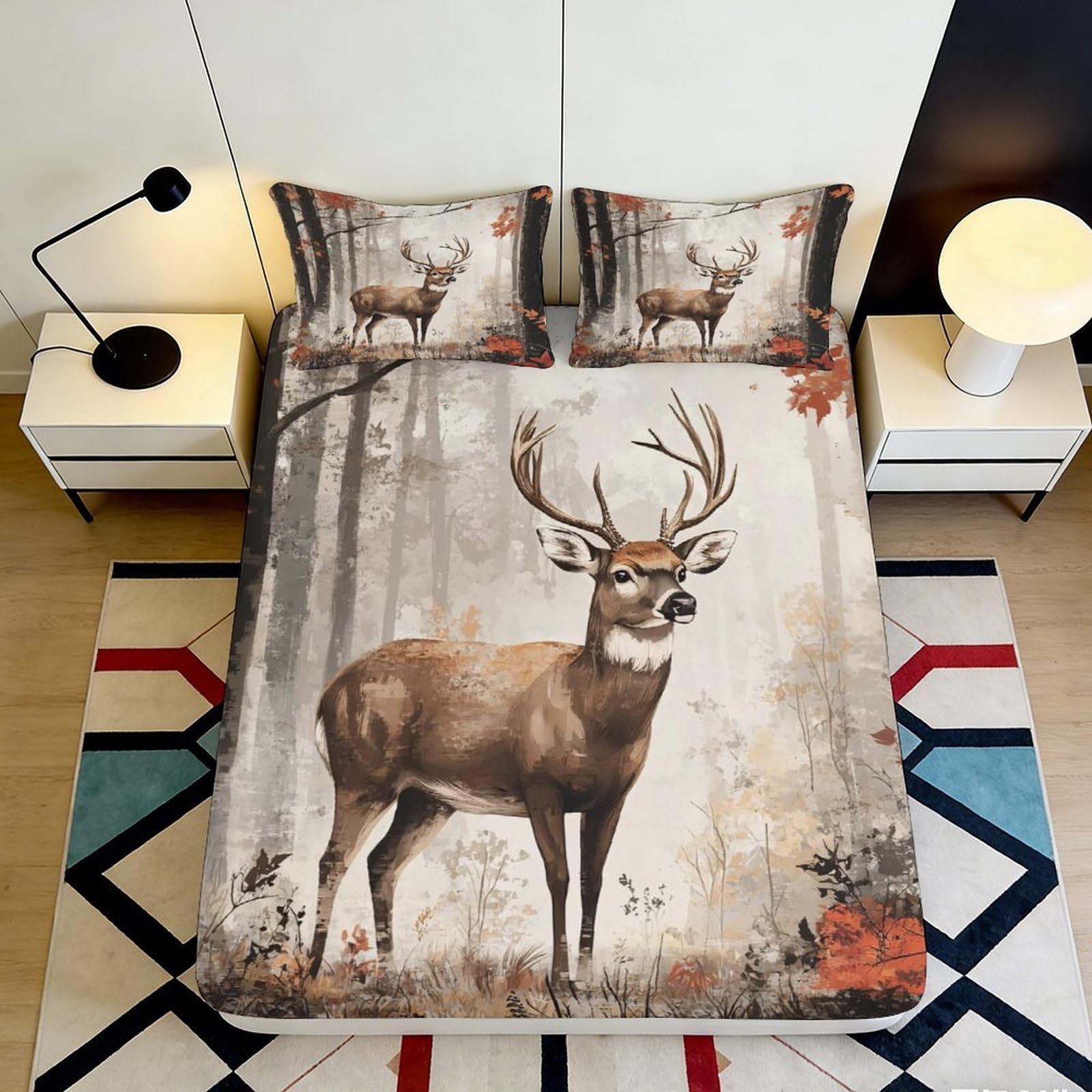 3D Printed Deer Pattern Fitted Sheet Microfiber Soft Breathable Forest Scene Bed Cover for Bedroom Dormitory Guest Room Mattress Protection 180x200x25cm