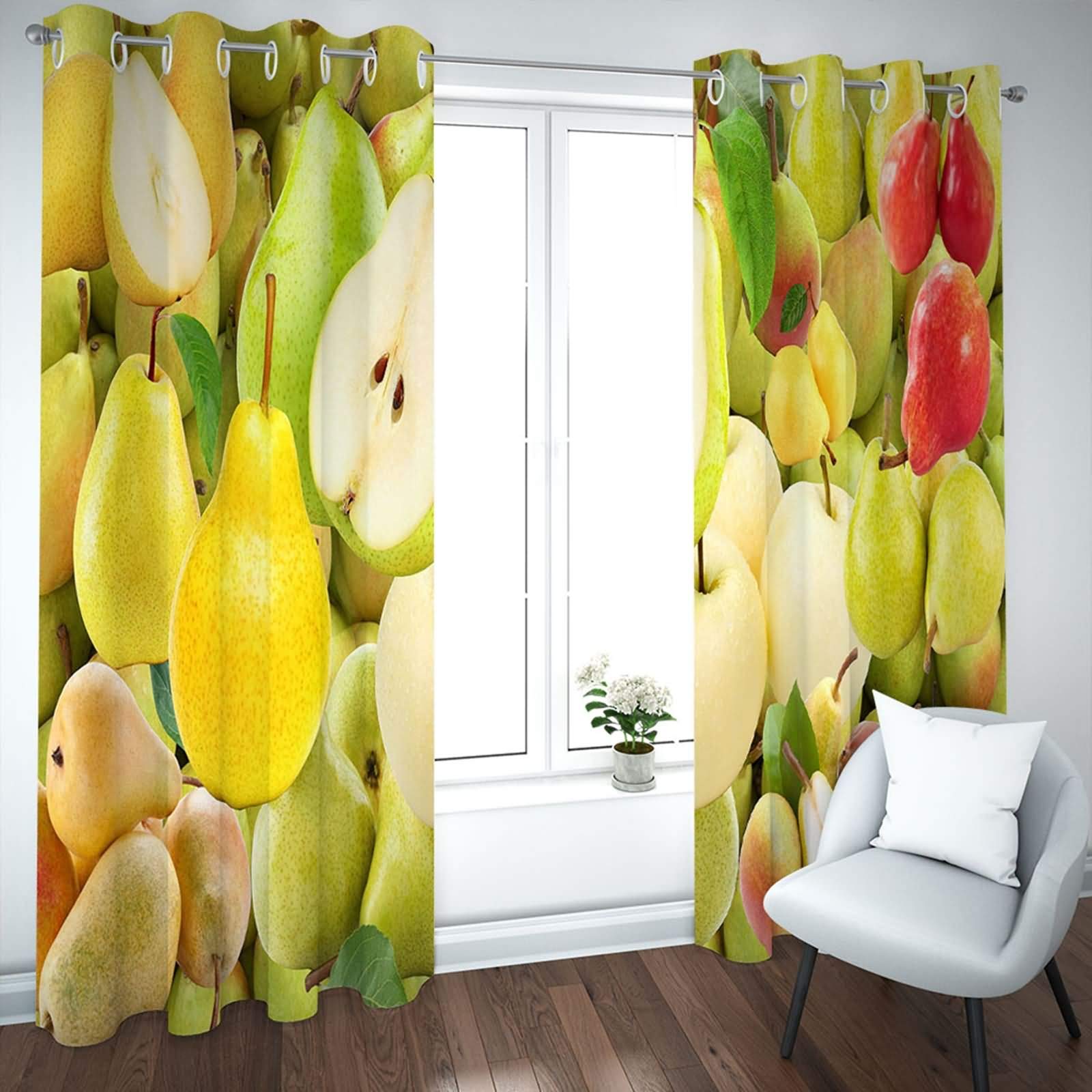 Zasłony zaciemniające z oczkami, do pokoju dziecięcego, nowoczesne, 214 x 214 cm, z gruszkami, owocami, nieprzejrzyste zasłony do salonu