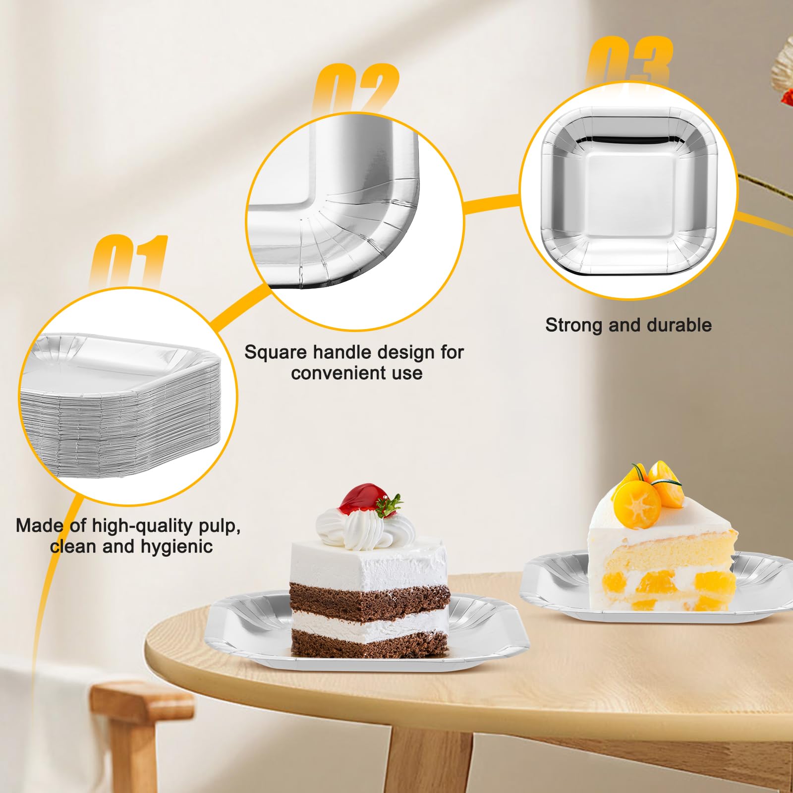 Dandat Confezione da 100 piatti quadrati di carta usa e getta da 17,8 cm, per antipasti, torte, usa e getta, in lamina metallica, per dessert, per laurea, compleanno, matrimonio, anniversario, feste