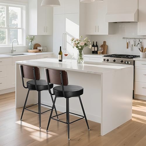 Miniatura 5 de Taburetes de bar, 25 pulgadas, giratorios, altura de mostrador, juego de 2, taburete giratorio de piel sintética negra con respaldo de madera y