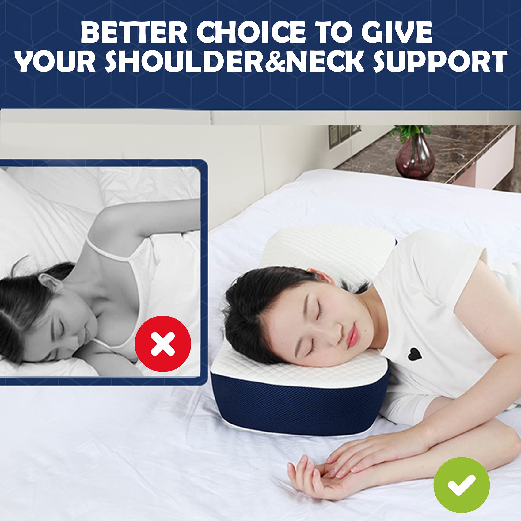 Hanzete Oreiller en mousse à mémoire de forme avec taie d'oreiller lavable en soie orthopédique ergonomique pour douleurs cervicales au cou et aux épaules pour les personnes dormant sur le côté, le