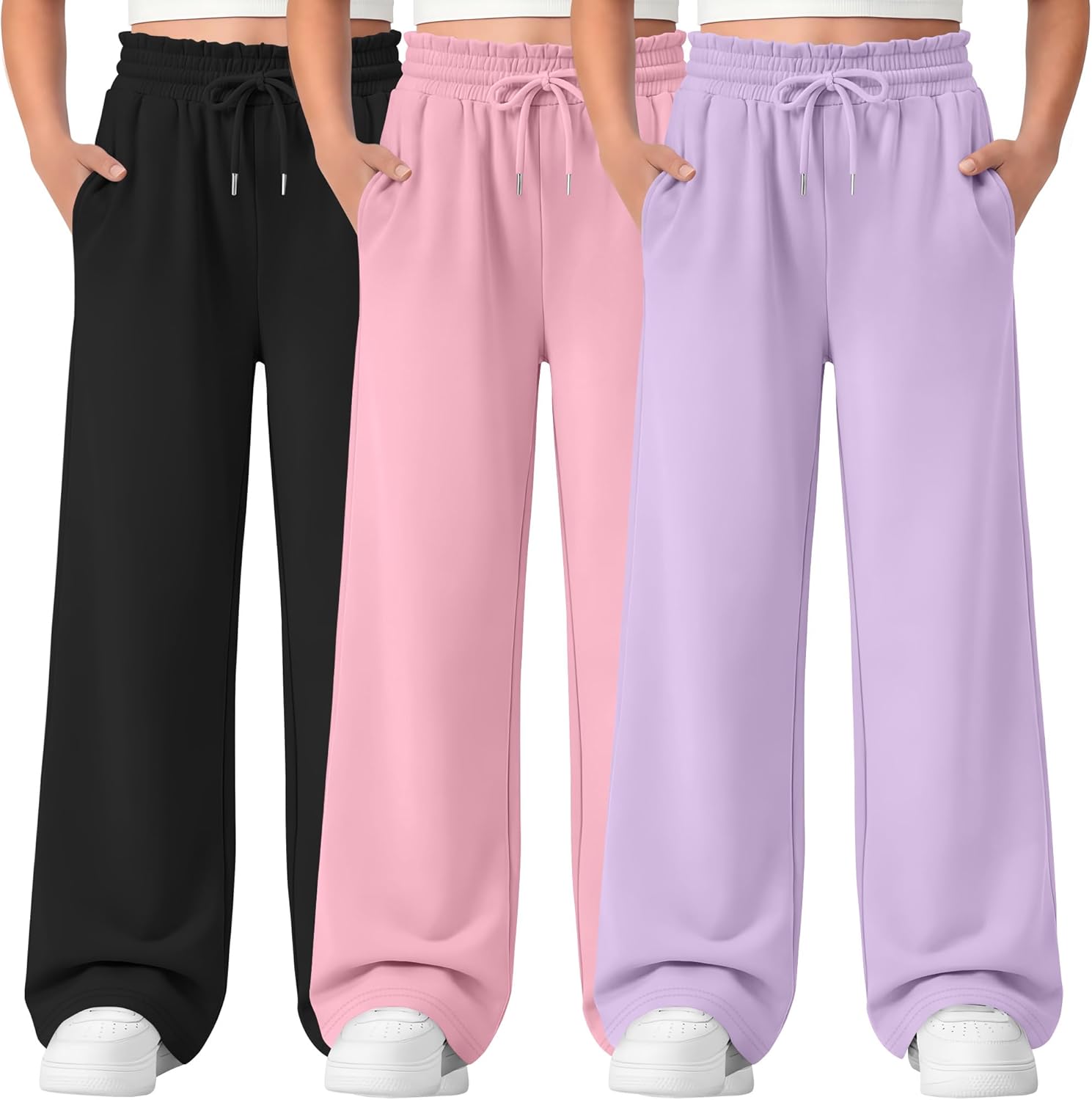 3 Pack Girls' Sweatpants Straight Wide Leg Kids Drawstring Casual Joggers Teen Loose Athletic Pants with Pockets