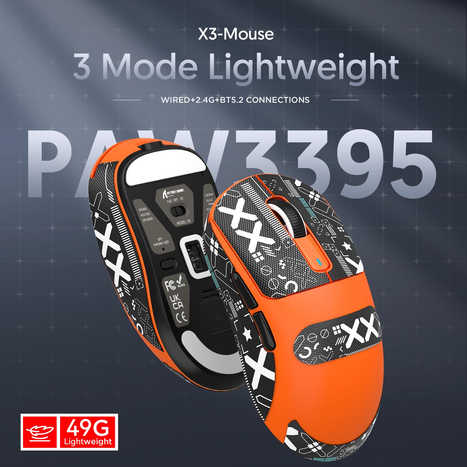ATTACK SHARK X3 - Ratón superligero de 49 g con cinta, sensor de juegos PixArt PAW3395, BT/2.4G, mouse inalámbrico para juegos con cable, 6 DPI ajustables 26000, batería de 200 horas, ratones de — view 6