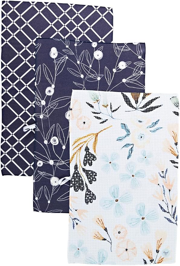 || Navy Blue and White 3 Pack|| Microfiber Waffle Weave || Dish Towels || || Tea Towels || Highly Absorbent || Hanging Loop || Dish Cloths ||Designer Prints (Navy)