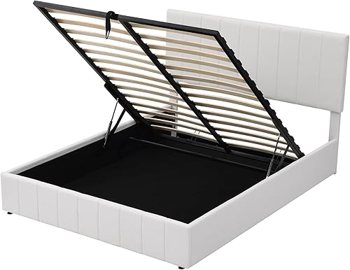 Miniatura 49 de Harper & Bright Designs Cama tapizada de plataforma matrimonial con almacenamiento elevable, marco de cama de tamaño matrimonial con almacenamiento