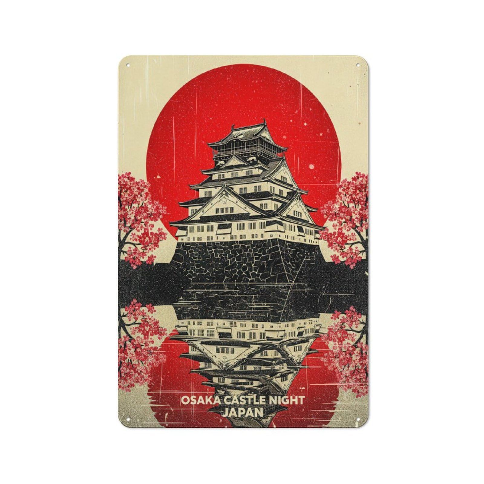 Osaka Castle Night Japan Retro Metal Wall Decor 30x20cm, Vintage Metal Sign for Cafe, Pub, Workshop Or Home Bar