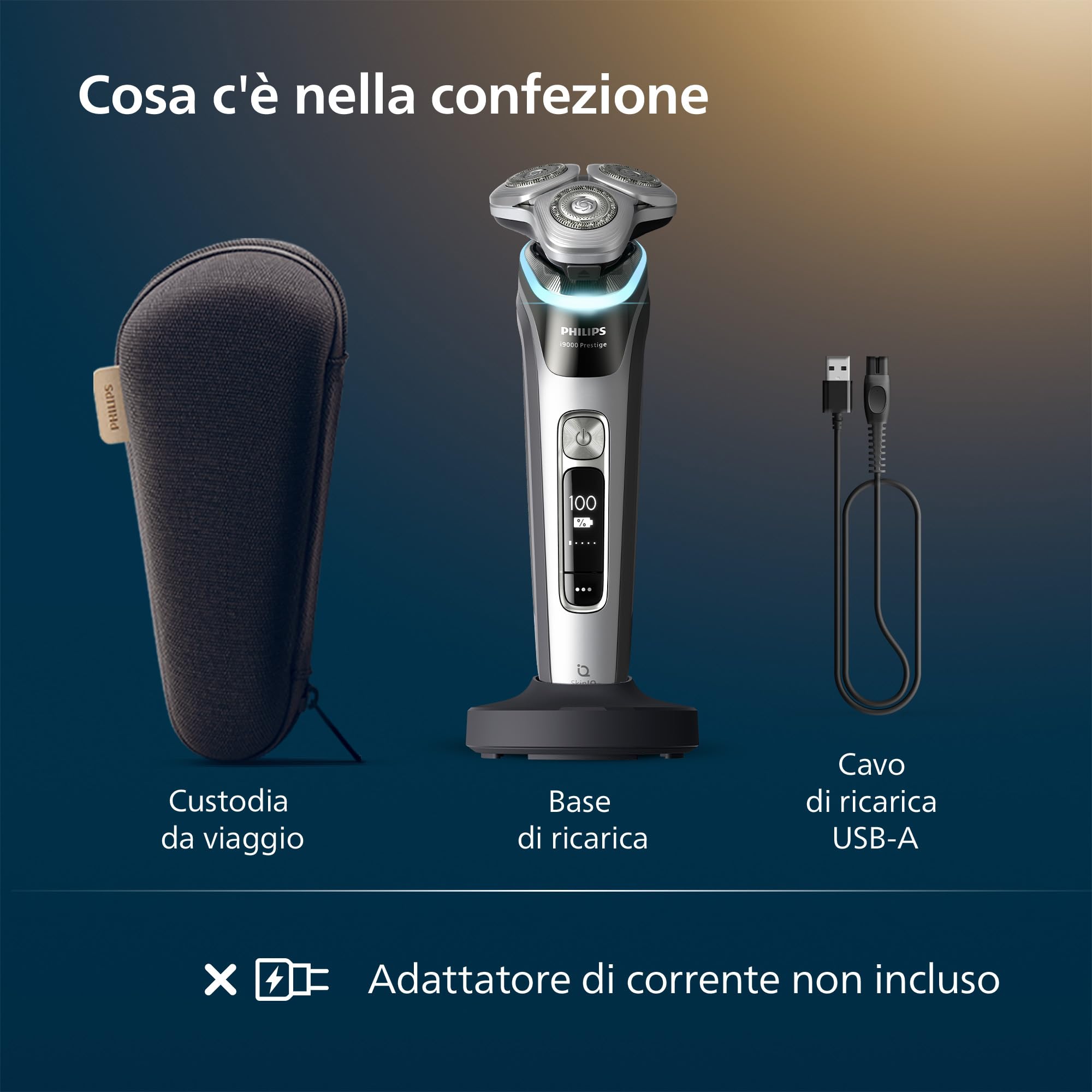 Philips Shaver i9000 Prestige, rasoio elettrico Wet & Dry, Dark Slate Nova, tecnologia Skin IQ, triplo sistema di sollevamento e taglio, doppie lame rotanti SteelPrecision a 360°, modello XP9204/10
