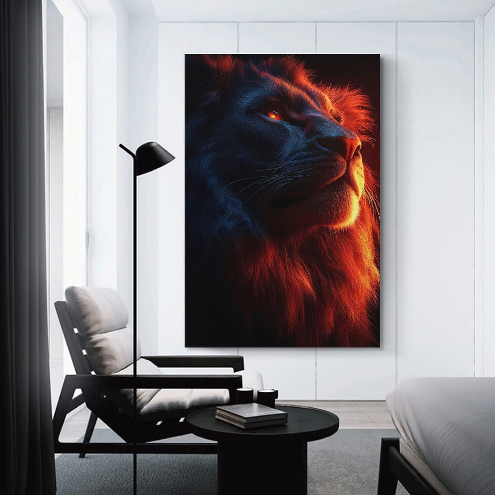 Junmoney Unframe-Style-20-1 Decorative Canvas Print Lion Portrait Fire And Shadow, 08X12inch(20X30cm), For Home Office, Desk Area Or Studio, Home Office Artwork With Decorative Appeal