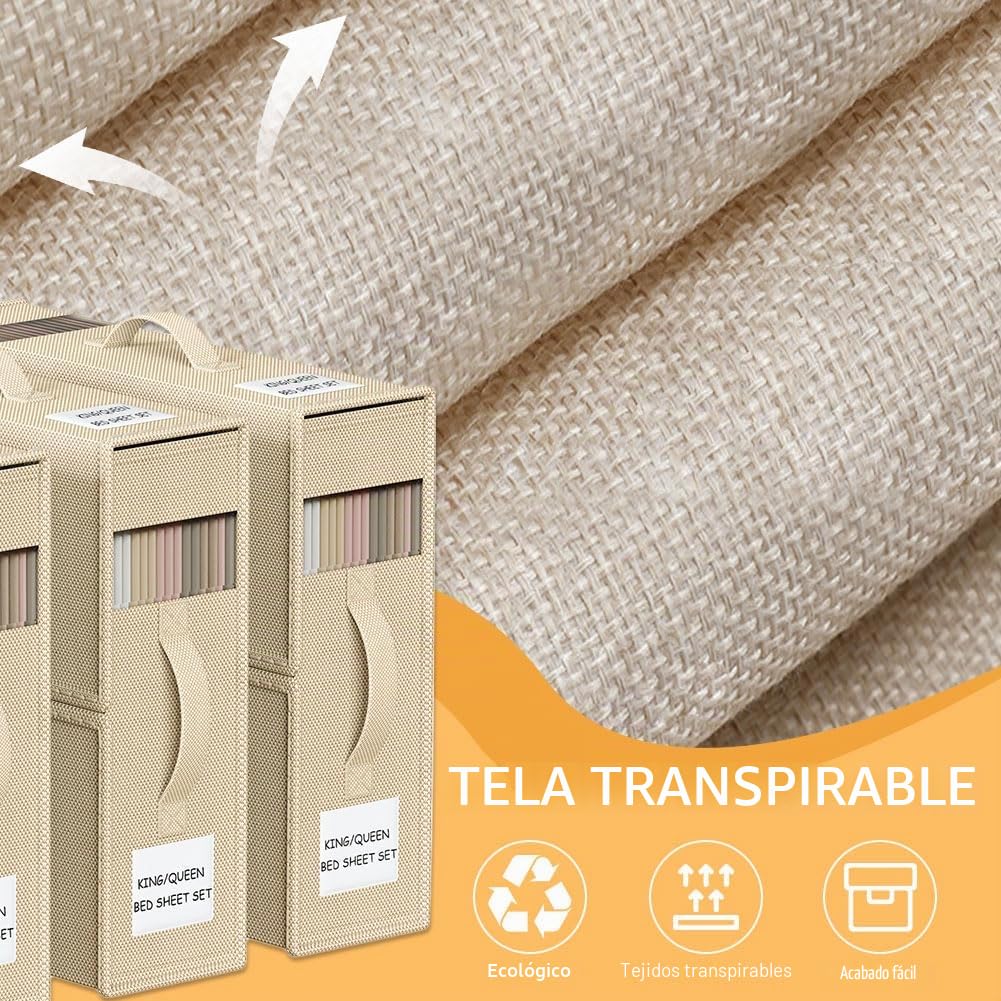 6 Piezas Caja Organizador Sabanas Armario, Organizador Armario Ropa Lino Plegable para Frazada y Sabanas, Caja de Almacenamiento que se Puede Guardar Debajo de la Cama o en un Cajón - Beige