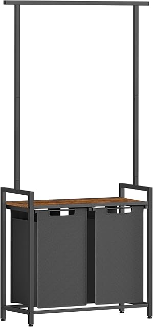 VASAGLE Kosz na pranie z 2 przegródkami, z drążkiem na ubrania, sortownik na pranie z półką, wyciągany worek na pranie, wyjmowany, 2 x 46 l, 73 x 33 x 177 cm, brązowo-klasyczny czarny BLH241B01