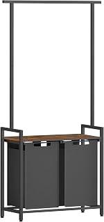 VASAGLE Laundry Basket, 2-Section Laundry Hamper with Clothes Rail, Pull-Out and Removable Liners, Shelf, 2 x 46L, 73 x 33 x 177 cm, Rustic Brown and Black BLH241B01