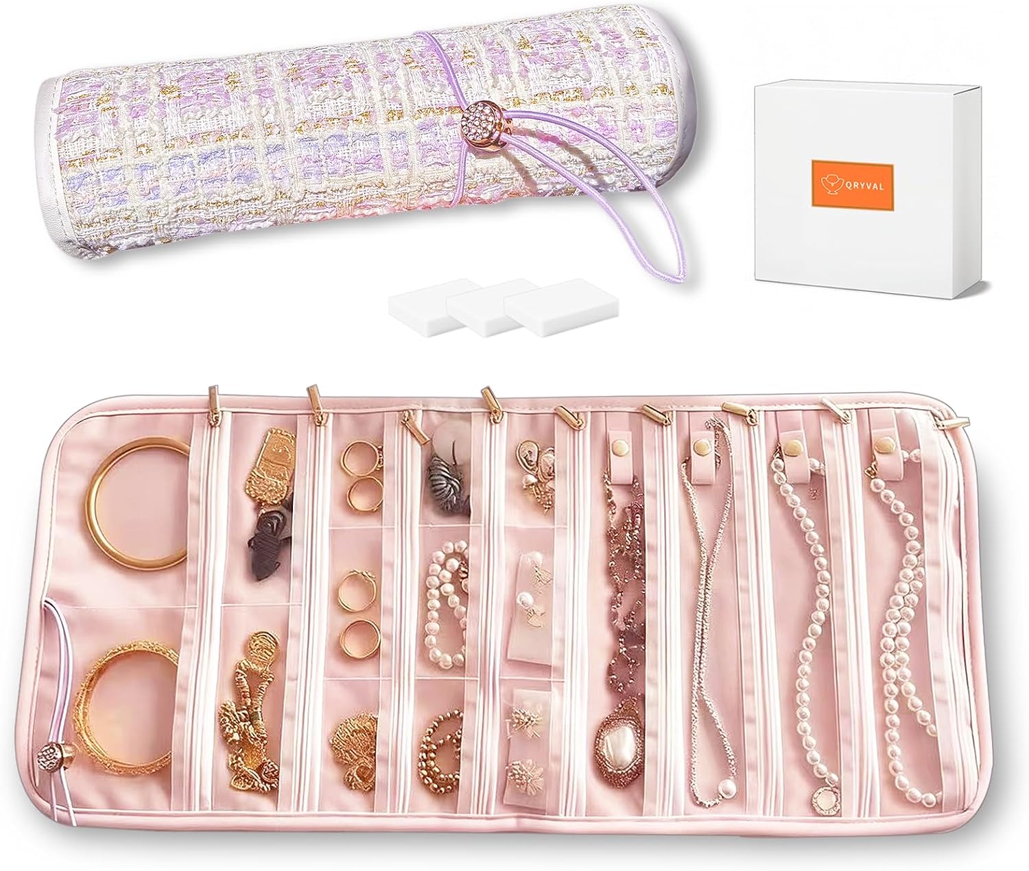 Tweed Jewelry Roll Organizer Travel with 17 Zippered Compartments, Necklace Organizer Tangle-Free, Portable Roll up Jewelry Storage Bag for Bracelets,Rings,Earrings,Scratch Protection,Display(purple)