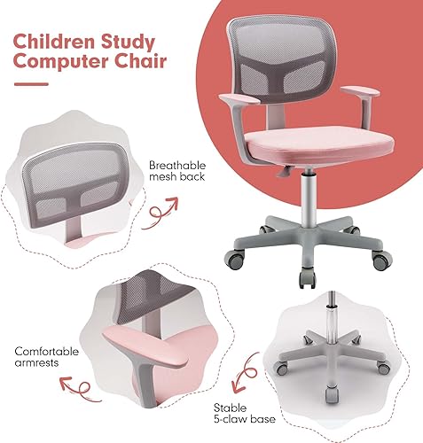 Miniatura 7 de Costzon Kids Desk Chair, Adjustable Children Study Computer Chair with Arms & Wheels, Student Swivel Rolling Task Chair, Ergonomic Kids Office Chair