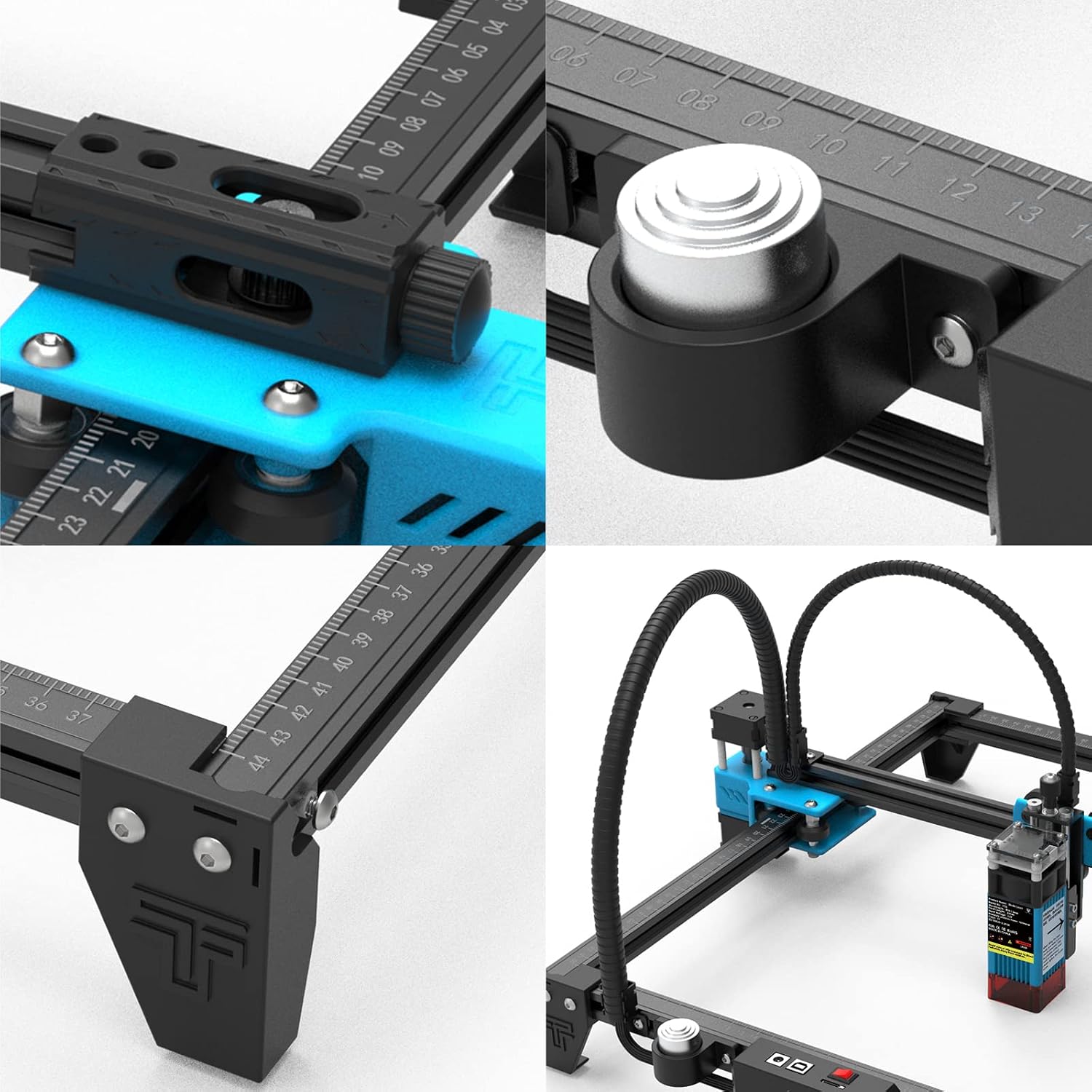 Close-up views of the Twotrees TTS-25 machine's components, including the X-axis adjustment, Y-axis rail, and laser module with flexible cable management.