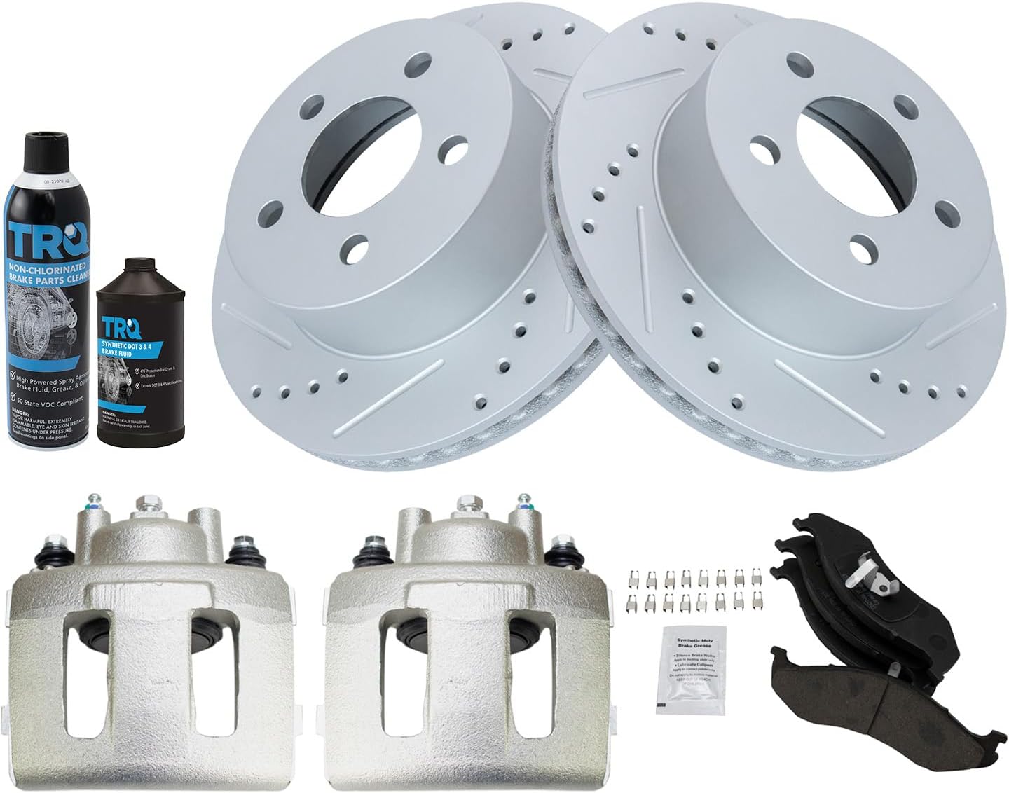 TRQ Front Performance Brake Pad & Rotor Kit Brake Caliper Brake Chemical Kit Brake Pads Brake Rotors Set Ceramic Premium G-Coated Compatible with 1999-2001 Jeep Cherokee 1997-2006 Wrangler
