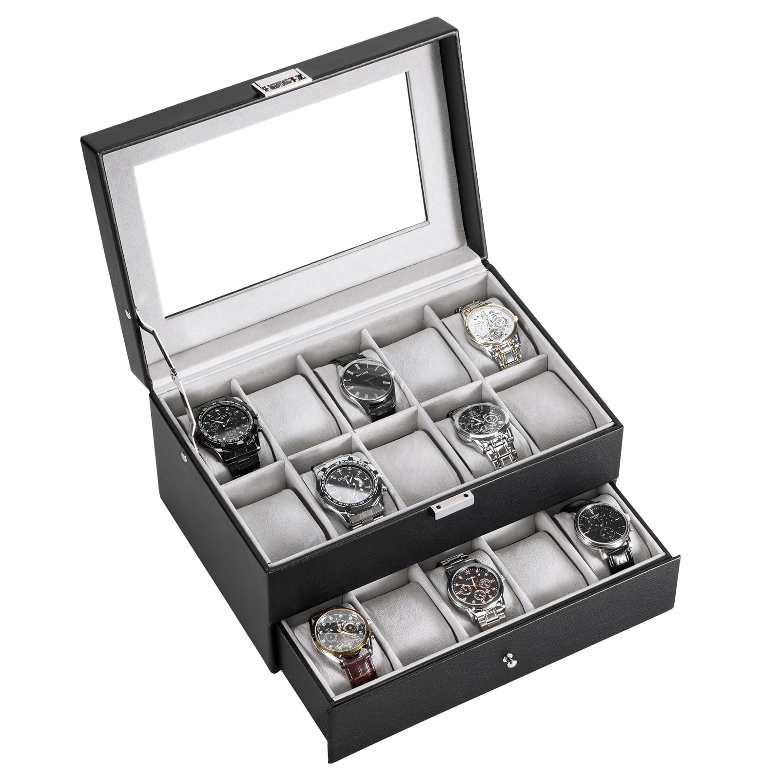 Watch Box for Men, 20 Slot Watch Display Case Mens Watch Box Organizer, PU Leather Watch Cases for Men Watch Storage, Father's Day Gift Watch Holder Organizer -20 Slot, Black