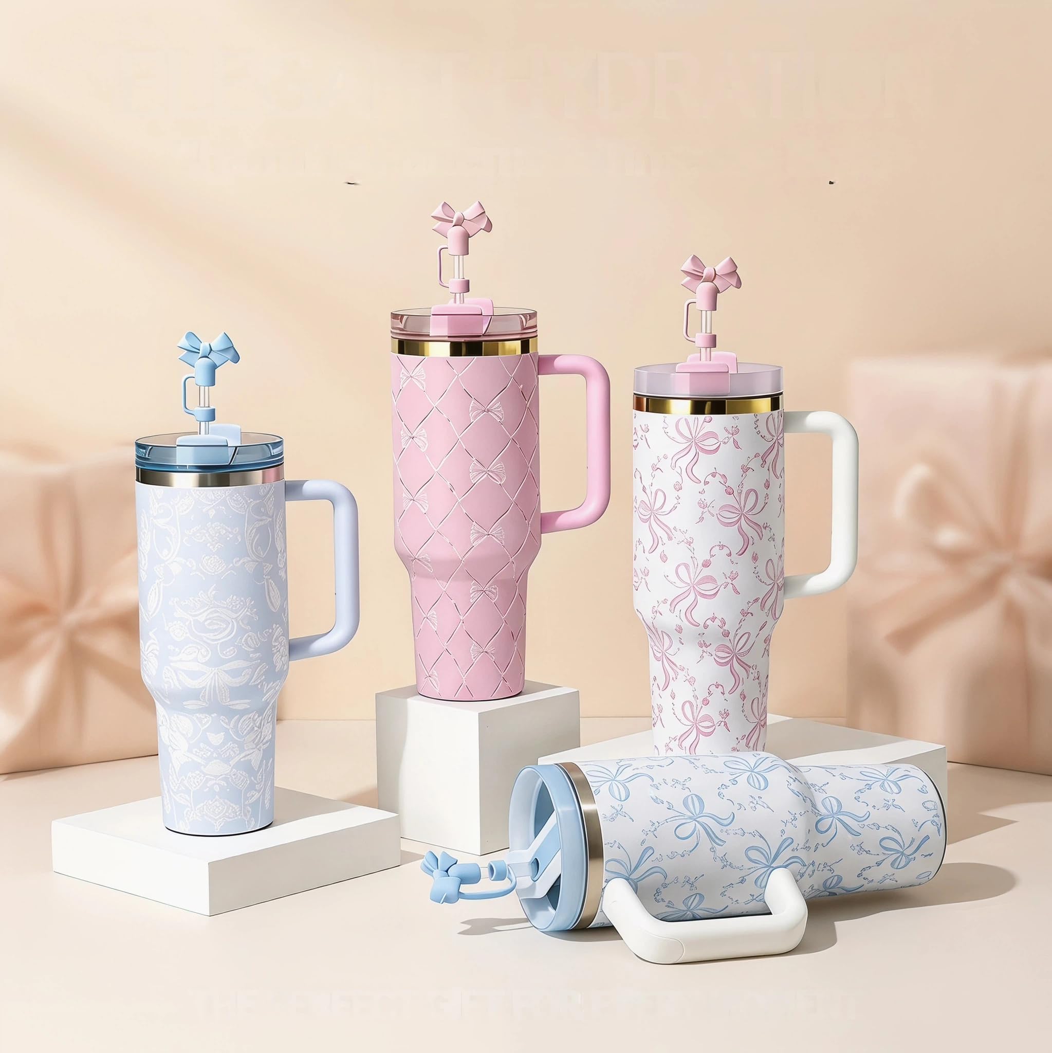 Vaso térmico de 40 oz con tapa y paja, vaso aislado de acero inoxidable con mango y paja, vaso de viaje con lazo y estampado floral para mujer, novia (Coquette