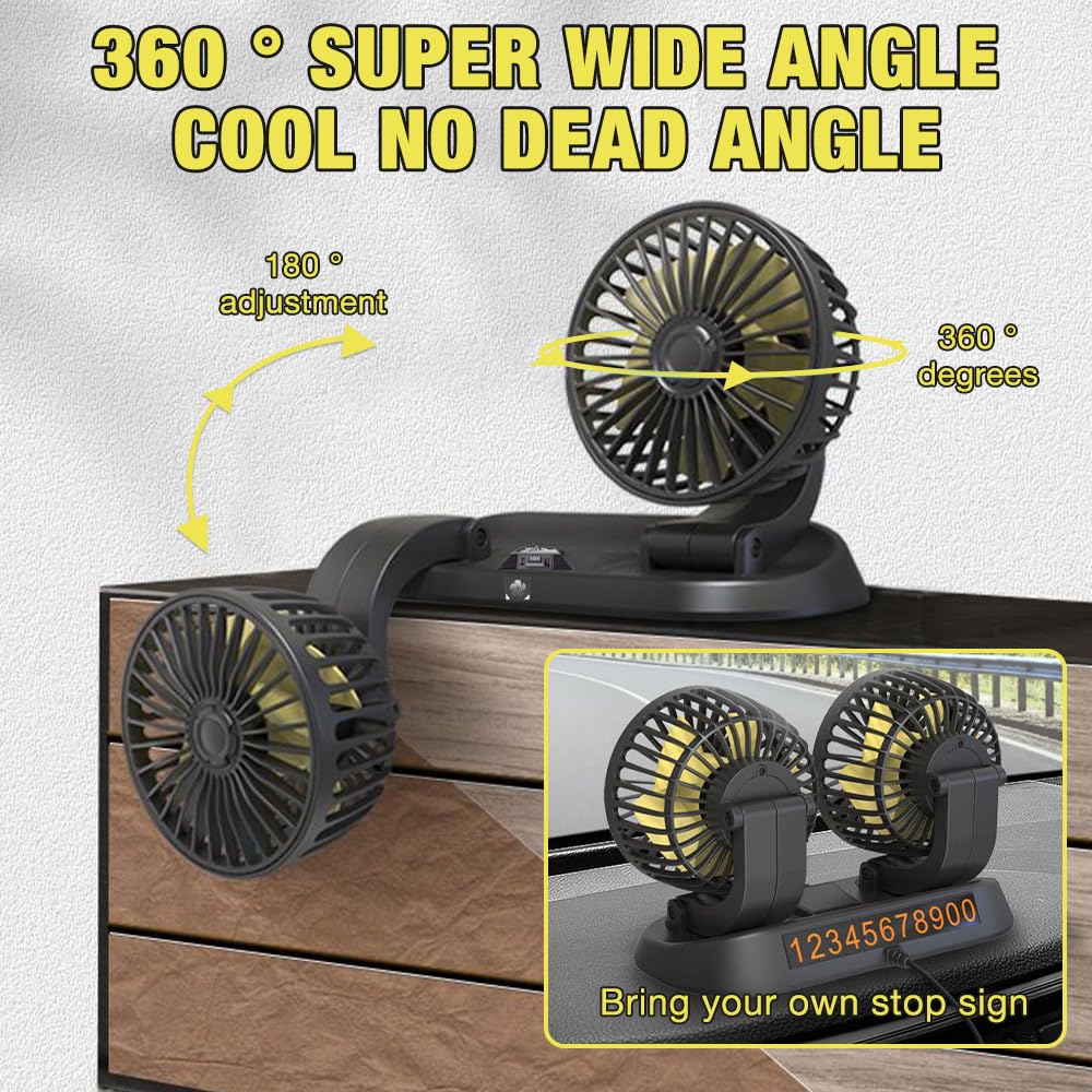 Mineup Auto Ventilator, 12V Doppelkopf Autolüfter Gebläse, Kfz Lüfter Mit 2 Geschwindigkeiten & 360°-Drehung, Doppelventilator, Einstellbar Ventilator Für Auto SUV RV Boat Camping