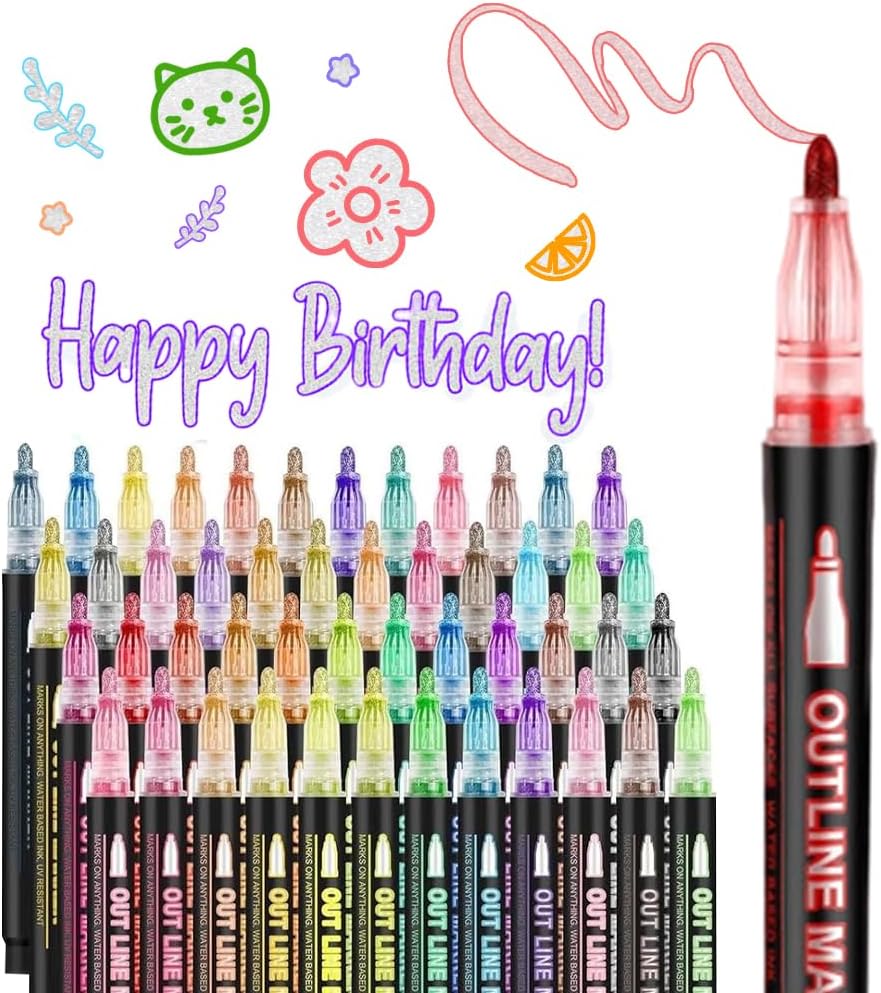 Marker Pen for Highlight, Outline Shimmer Markers Double Line Self-Outline Metallic Glitter Pens Super Squiggles Glitter Marker Set for Card Scrapbook Craft Arts Supplies(48)