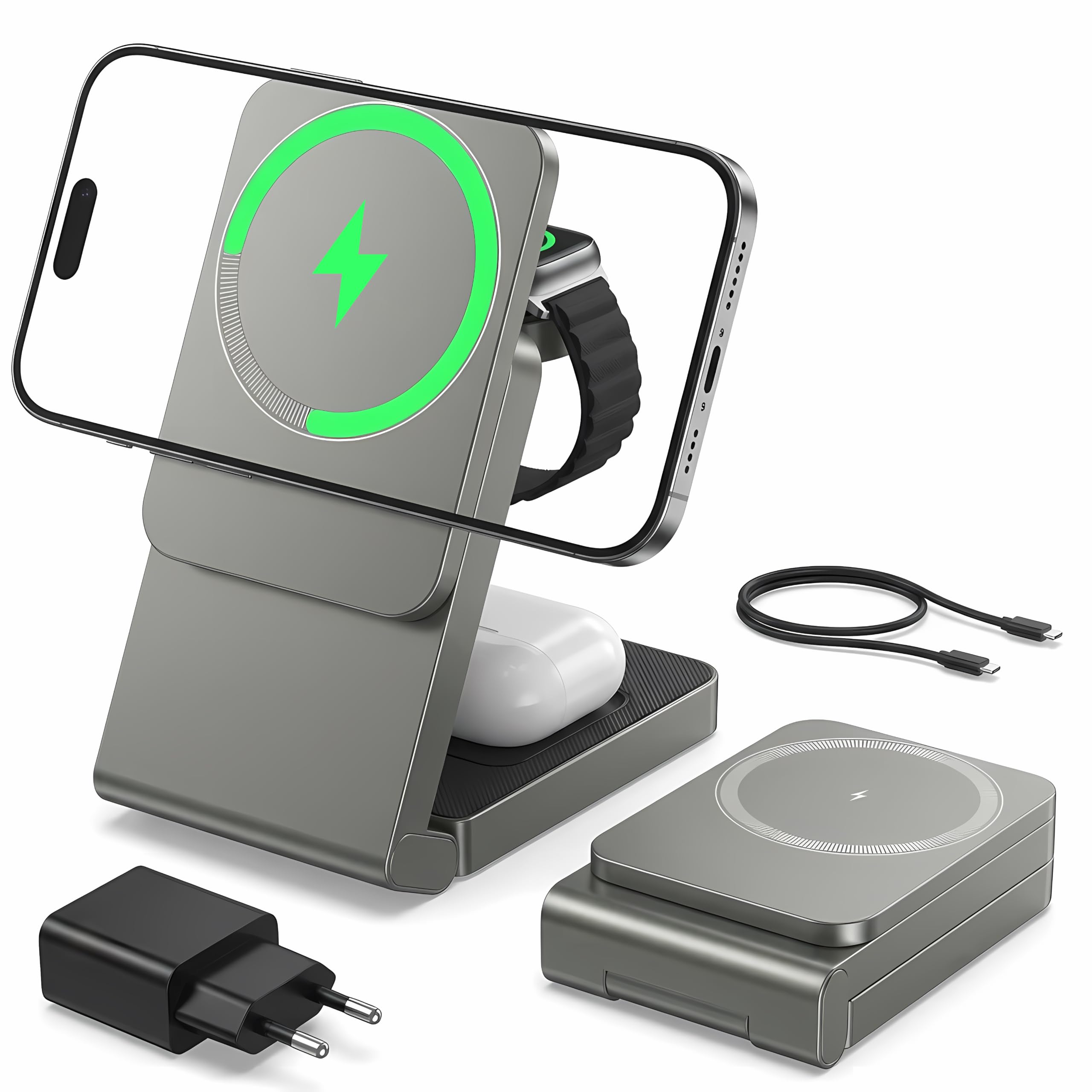 Forzik 3 in 1 Ladestation für iPhone/Apple Watch/AirPods mit 20W Adapter | Qi2.2 Faltbares Induktionsladegerät Kompatibel mit MagSafe, Magnetisches Kabelloses Ladegerät für iPhone 17-12 Serie (Grau)