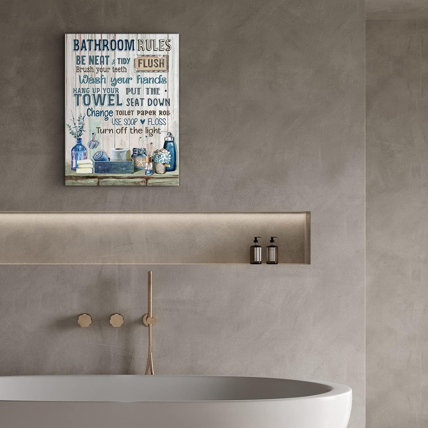 Rustic Bathroom Rules Sign - Navy Blue Wall Art, 12x16 inch Framed Modern Artwork for Toilet & Laundry Room Decor