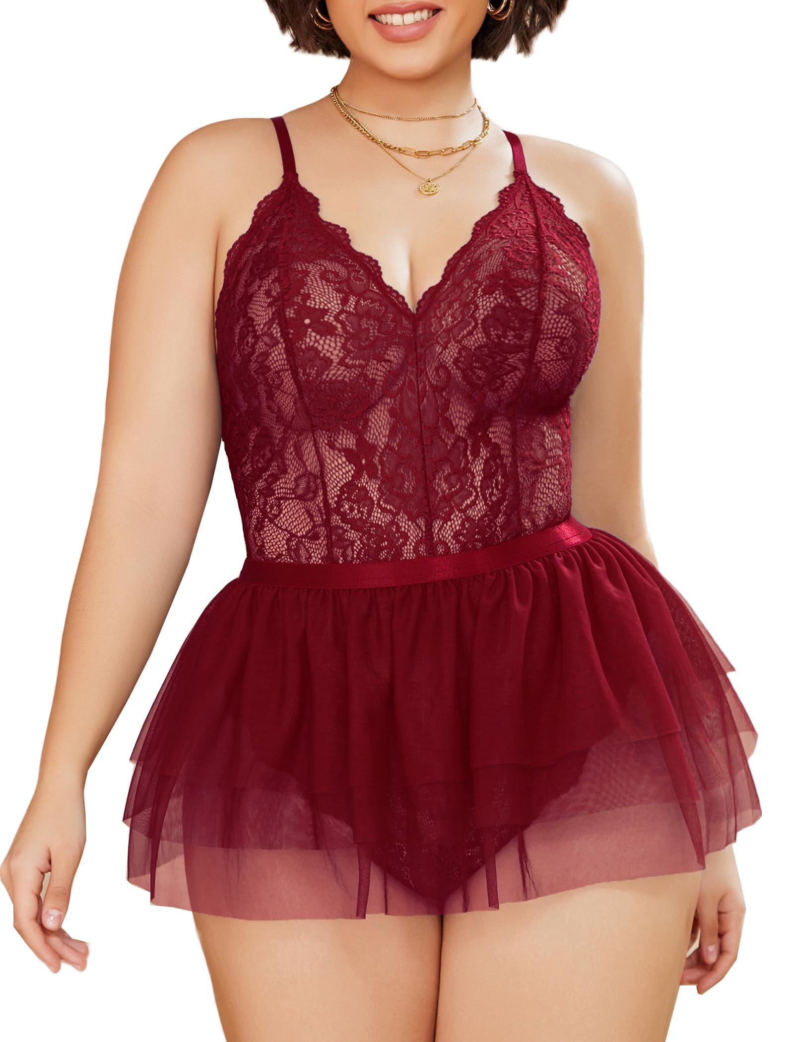 ssoshhub Plus Size Lingerie Womens Lace Teddy Babydoll V Neck Chemise Nighty with Detachable Mesh Mini Skirt-picture-16