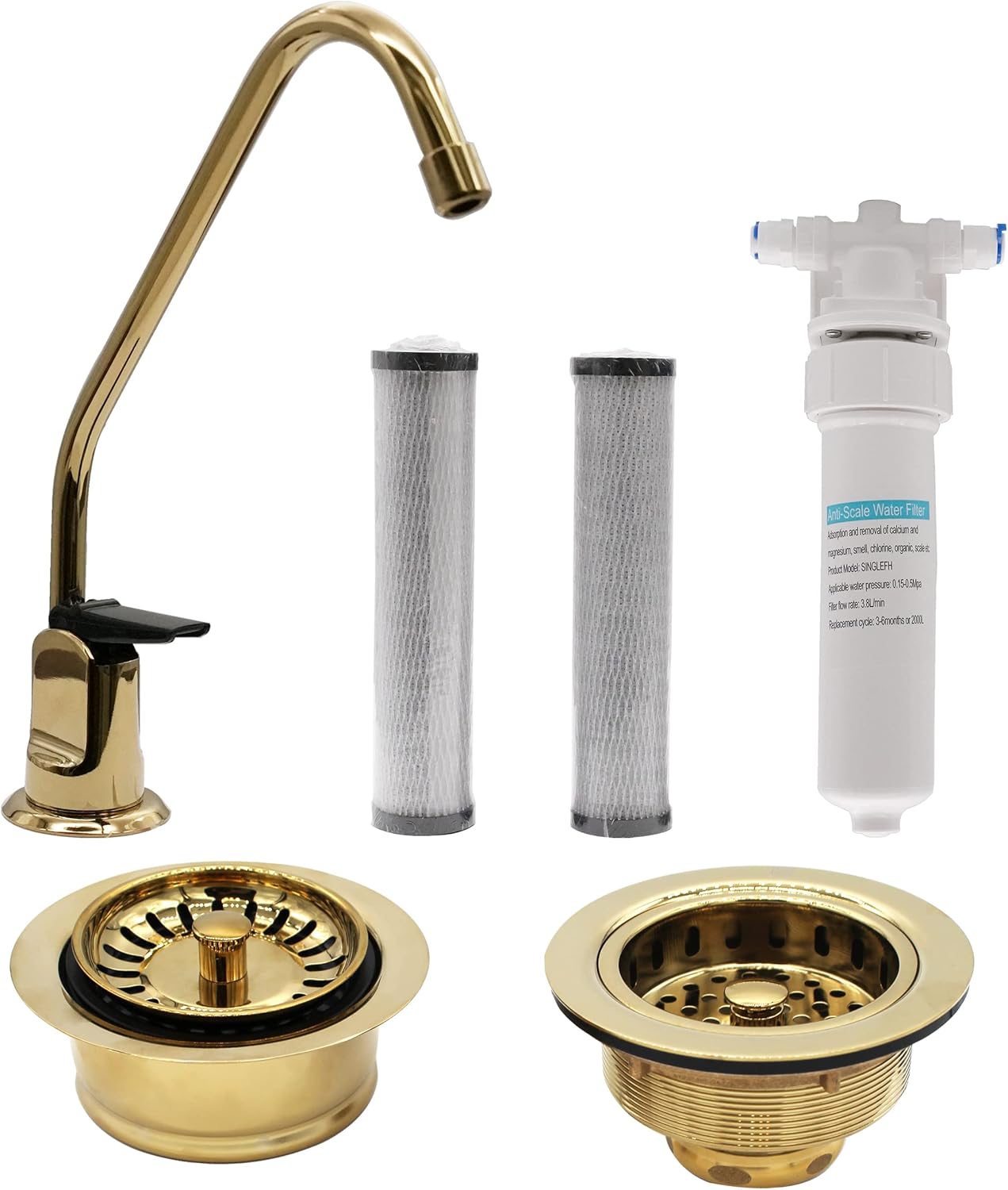 Westbrass CO133-01 8" Touch-Flo Style Pure Cold Water Dispenser Faucet Kit with Filter, 2-Pack Replacement Cartridges, Kitchen Sink Strainer & Disposal Trim Set, Polished Brass