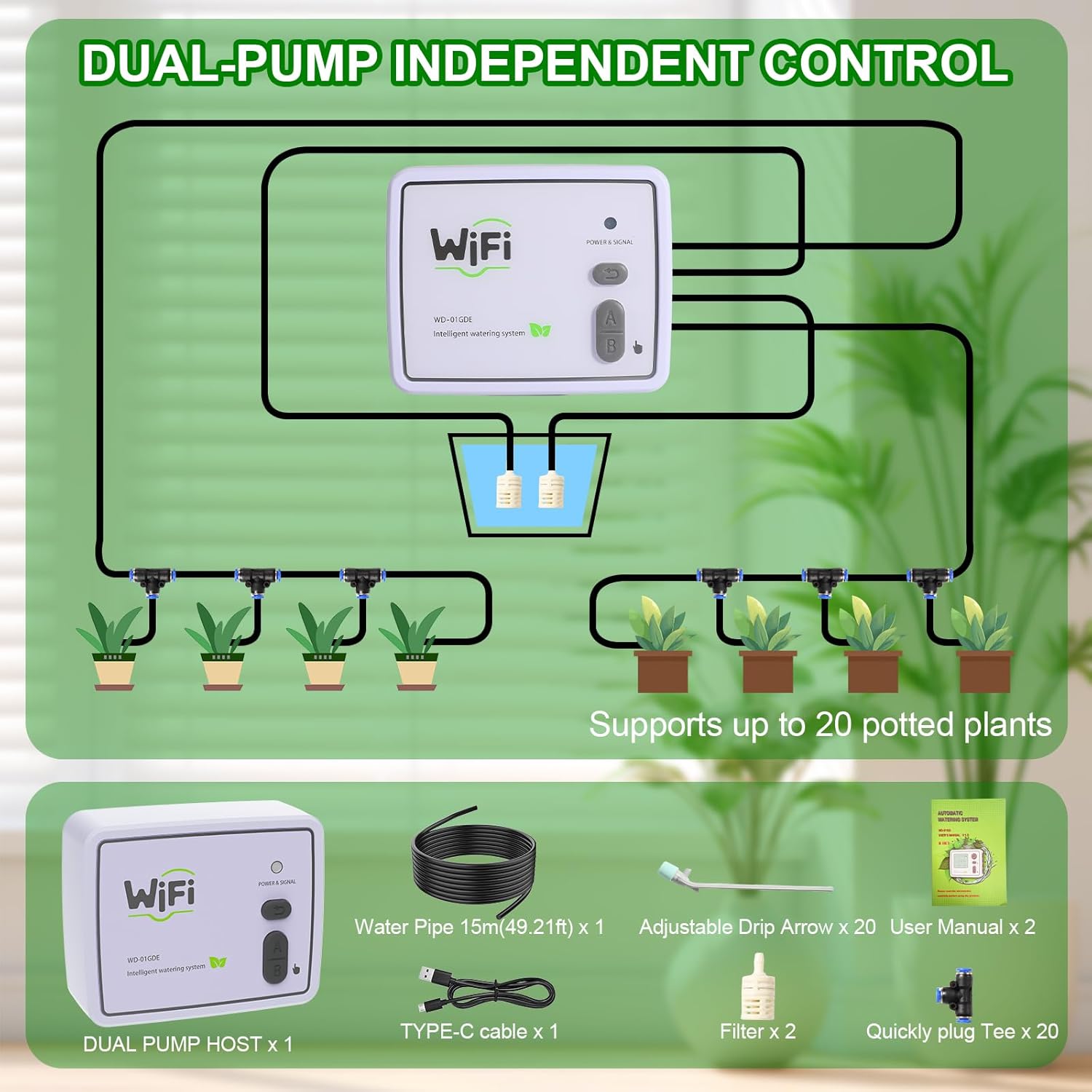 Smart WiFi Drip Irrigation System,Dual Channel Automatic Watering Kit for 20 Potted Plants,Compatible with Alexa/Google Home,Timer with App Control,20 Adjustable Emitters & 15M Hose for Indoor Garden