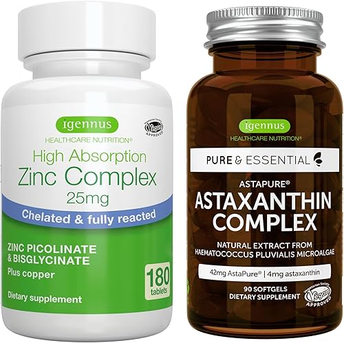 Complejo de astaxantina + complejo de zinc, paquete vegano, soporte antioxidante para piel, cabello y uñas, por Igennus