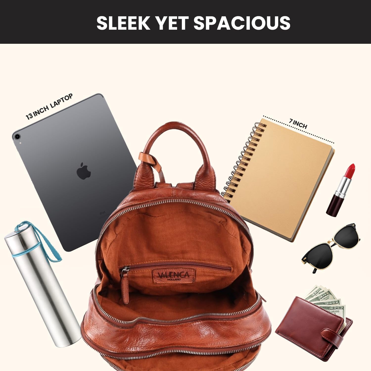 Genuine Leather Backpack for Men, Casual Backpack for Women Office Bag with Adjustable Shoulder Strap (VL-054-COGNAC) - Image 4