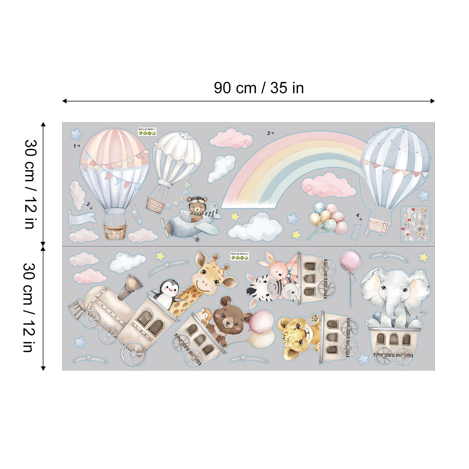 Stickers Muraux Enfant Train des Animaux Aquarelle Montgolfières Arc-en-Ciel et Nuages Décoration Murale Pastel Autocollants Amovibles pour Chambre Bébé Pépinière Salon
