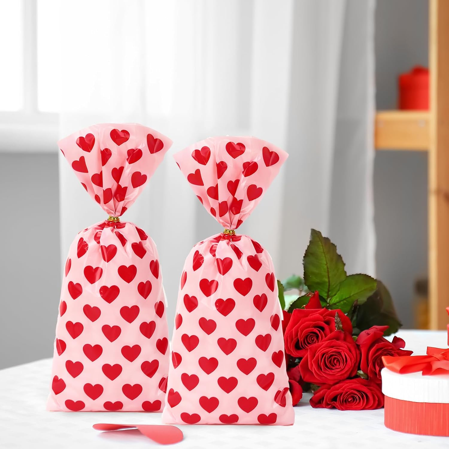 JarThenaAMCS Valentine's Day Pink Red Heart Cellophane Treat Bags with Twist Ties 100Pcs Plastic Gift Bags Candy Goodie Bag for Wedding Anniversary Party Snack Cookie Packing - Image 5