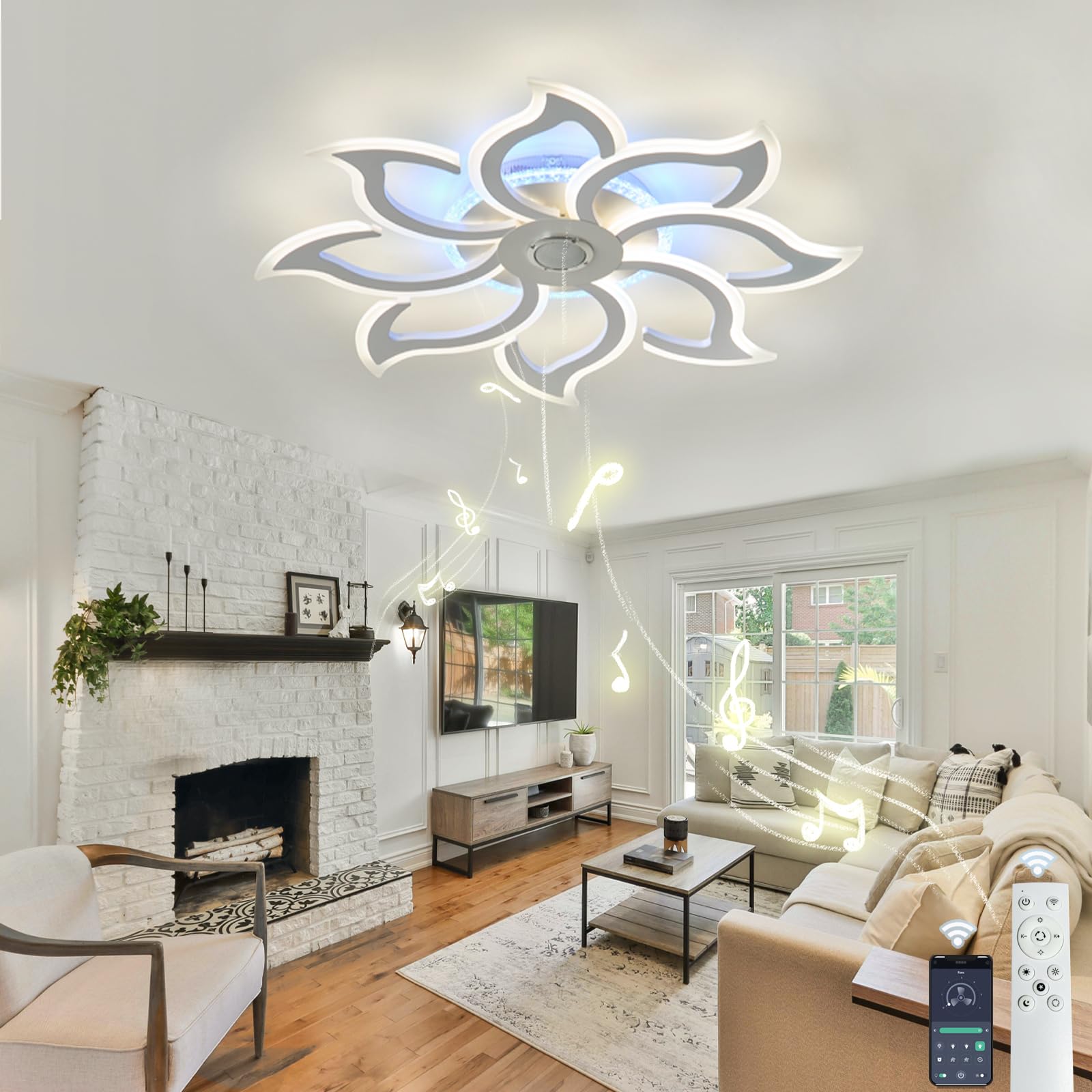 HXYSXHJUO LED Ceiling Lights with Bluetooth Speaker, Dimmable Colour Changing RGB Lighting Fixture Remote & App Control, Flower Design Lamp for Living Room, Bedroom