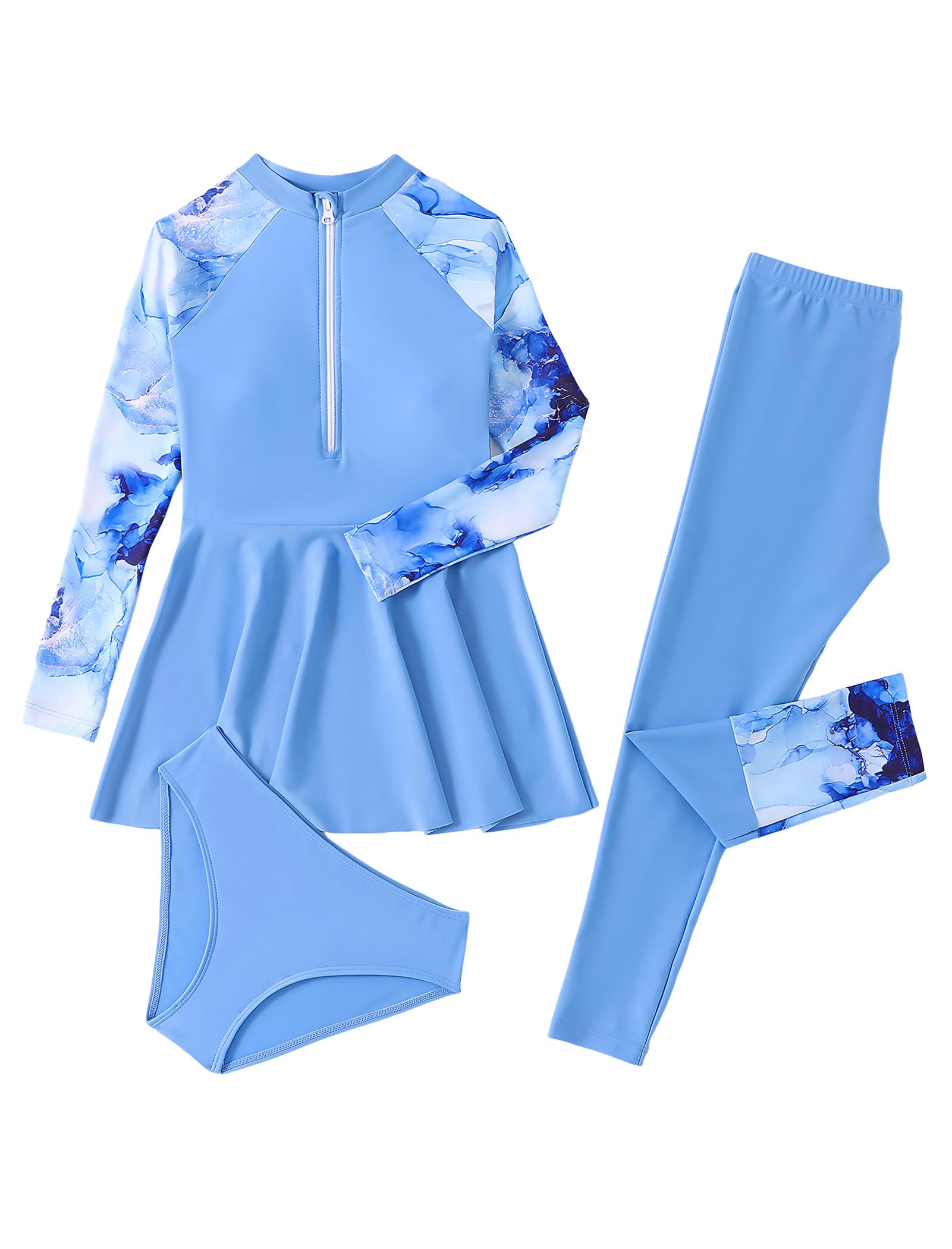 Odizli Burkini Badebekleidung für Mädchen, Kinder, bescheidene Bademode, langärmelig, Reißverschluss, Oberteil + Shorts + Hose, Ganzkörper-Badeanzug für muslimischen Körper