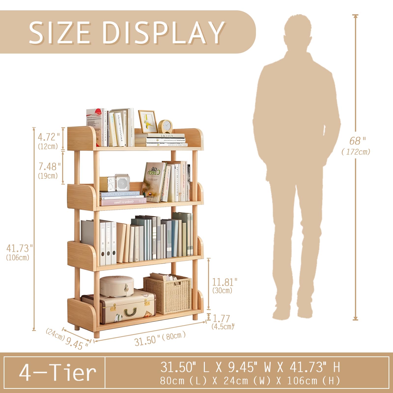 3-Tier Wooden Open Bookcase - Modern Display Bookshelf With Top Edge And Solid Wood Frame For