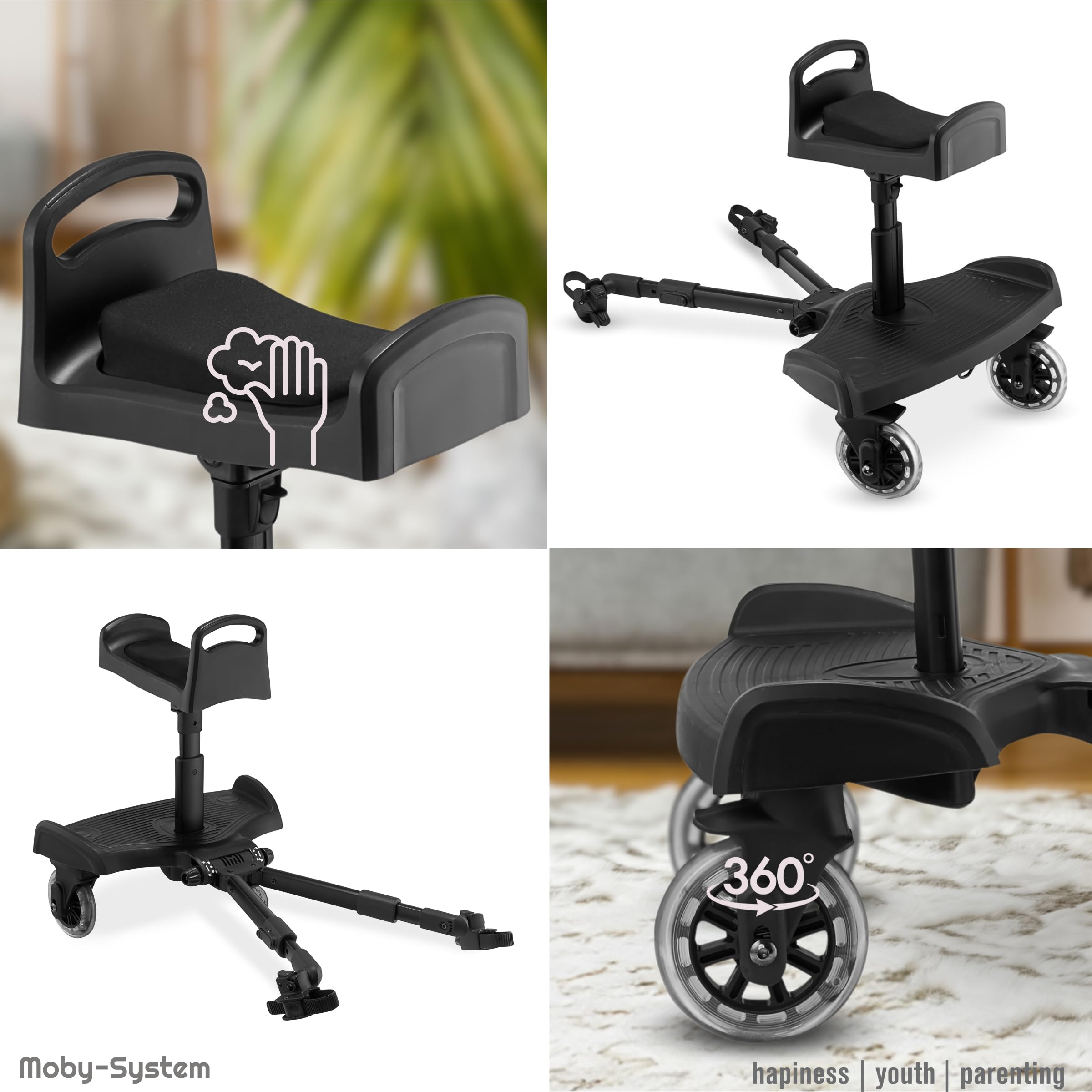 Moby-System BUGGY2GO Proveedor de cochecito con asiento ajustable, montaje universal, ruedas amortiguadas de 360°, para niños de 2 a 5 años, se adapta al 99,9% de los cochecitos, asiento de entrega