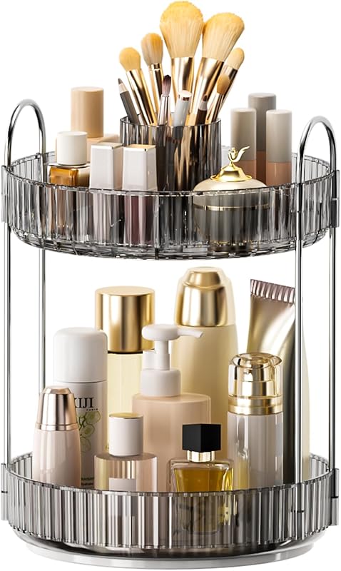 Organizador Giratório para Maquiagem BEFSOP com 2 Compartimentos, Suporte para Pincéis, PET e Metal, Cinza