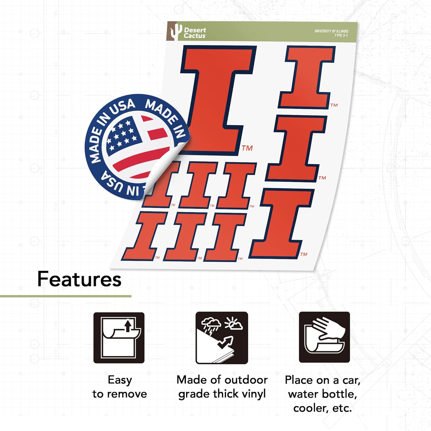 Desert Cactus University of Illinois Sticker Fighting Illini U of I Vinyl Decals Laptop Water Bottle Car Scrapbook T3 (Type 3-1) - Image 3